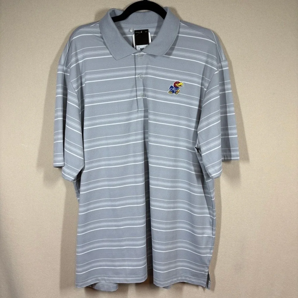 NOS Adidas Puremotion Golf Kansas Jayhawks Polo Shirt Mens XL Grey Striped FLAW‎